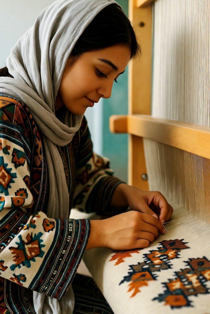 فرش قشقایی به همراه بافنده