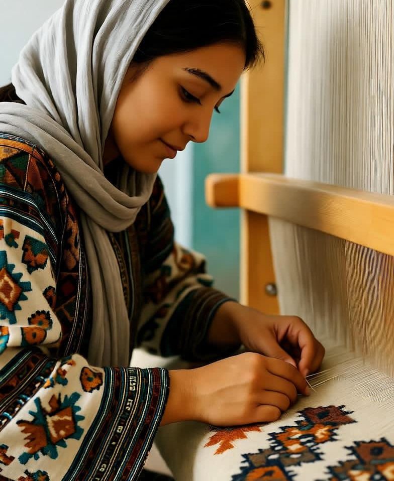 فرش قشقایی به همراه بافنده